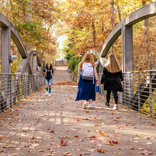 UNCG students cross bridge in Peabody Park.