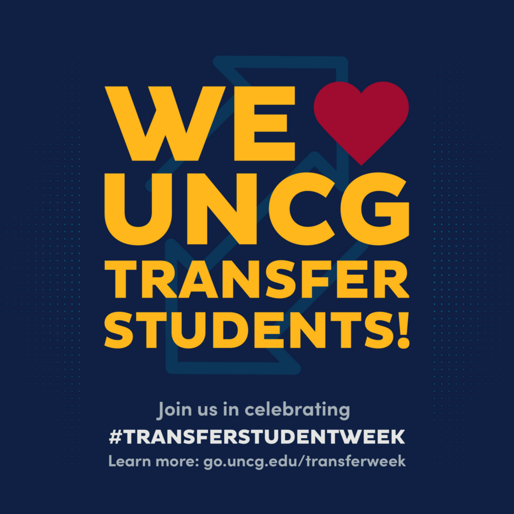 Transfer Week Graphic for Social Media; Square version of We 'heart' UNCG Transfer Students