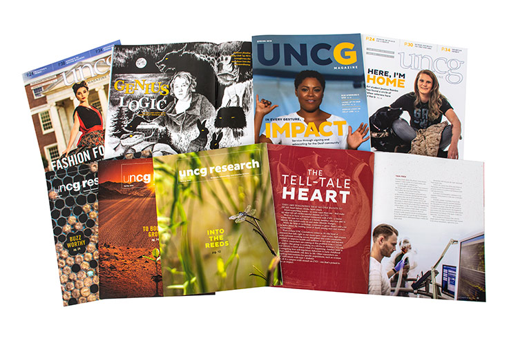 Nine covers of UNCG Magazine