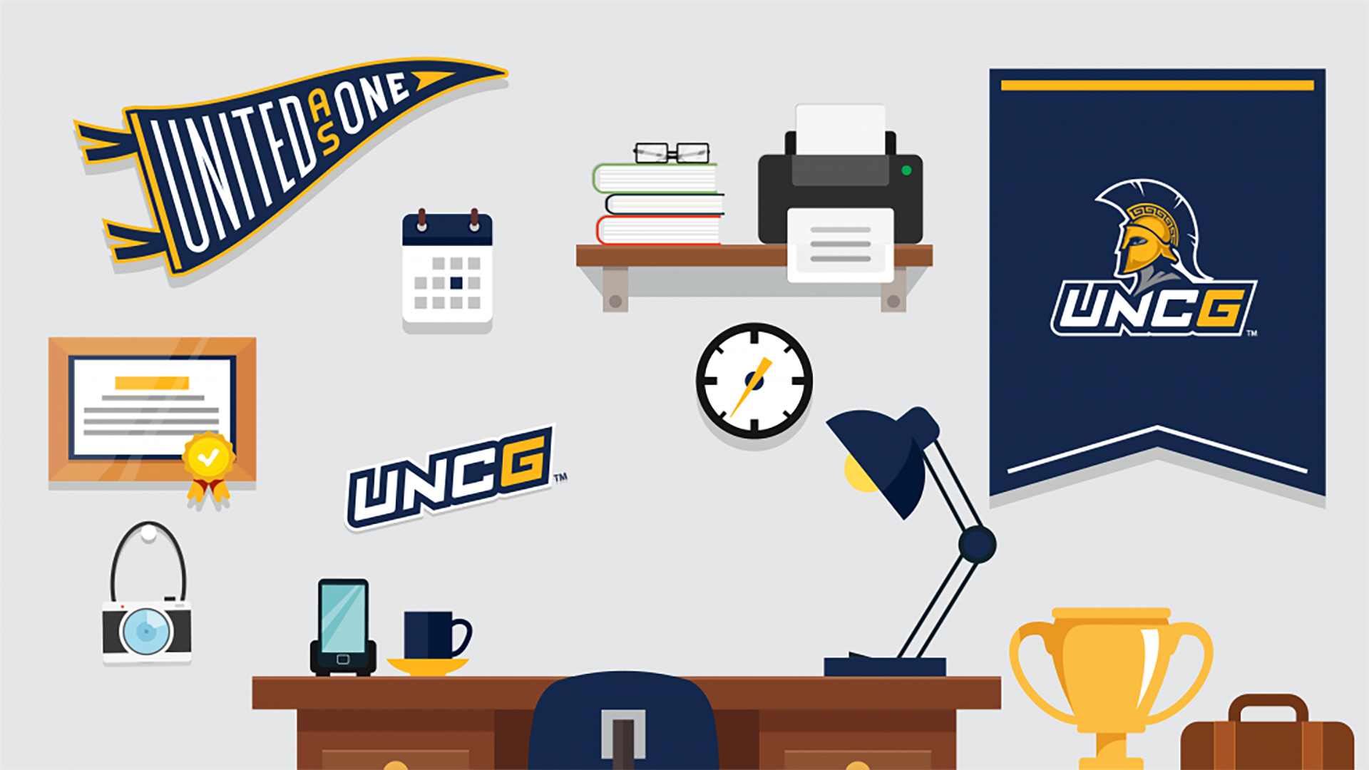 Illustrated wall showing various UNCG banners and swag