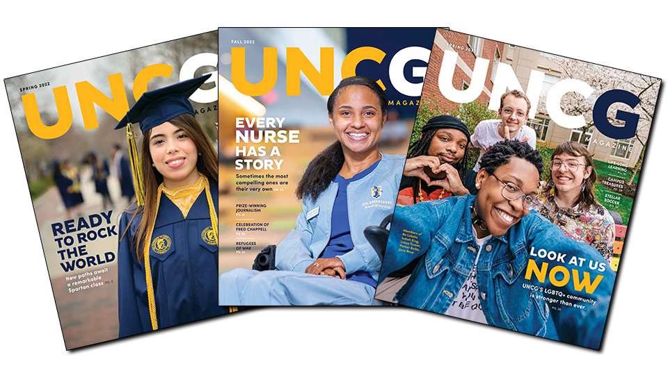 photo showing three covers of the UNCG Magazine.