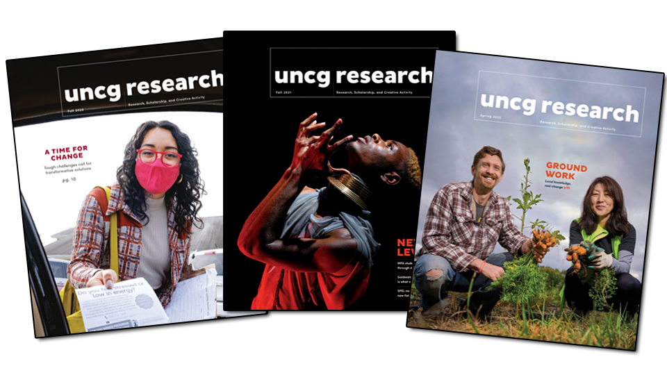 photo showing three covers of the UNCG Research Magazine