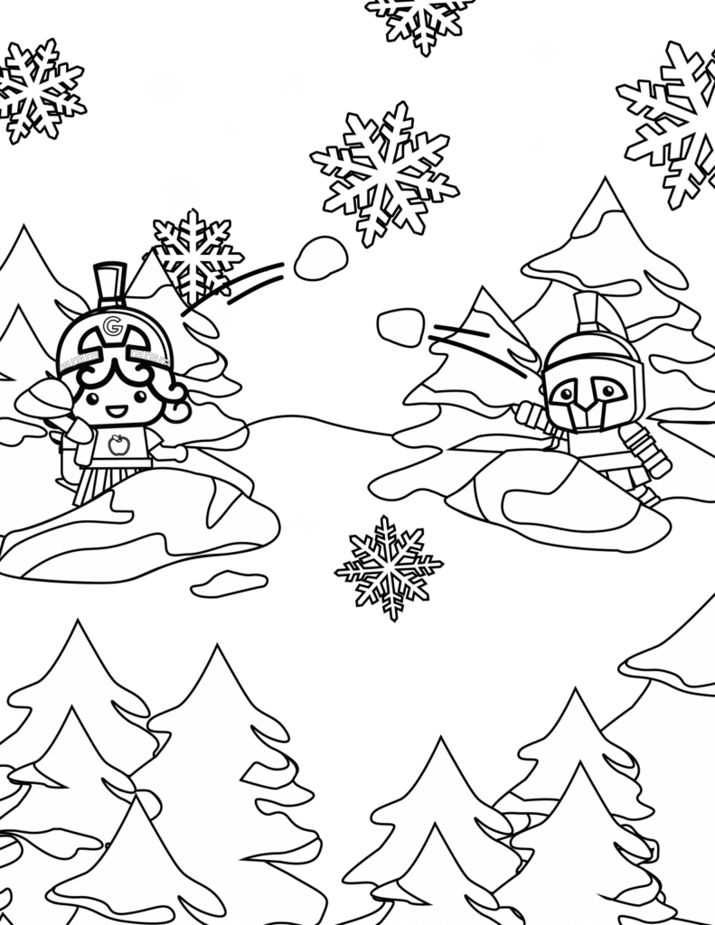 Coloring Page for Winter Illustration showing Spiro and Minnie in a snowball fight