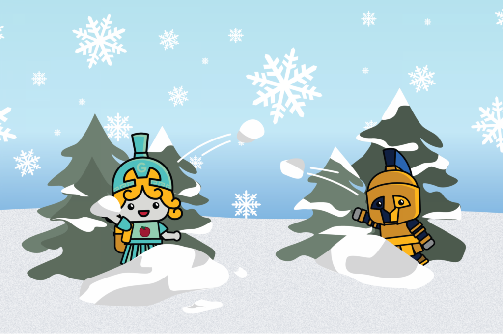 Winter Illustration showing Spiro and Minnie in a snowball fight