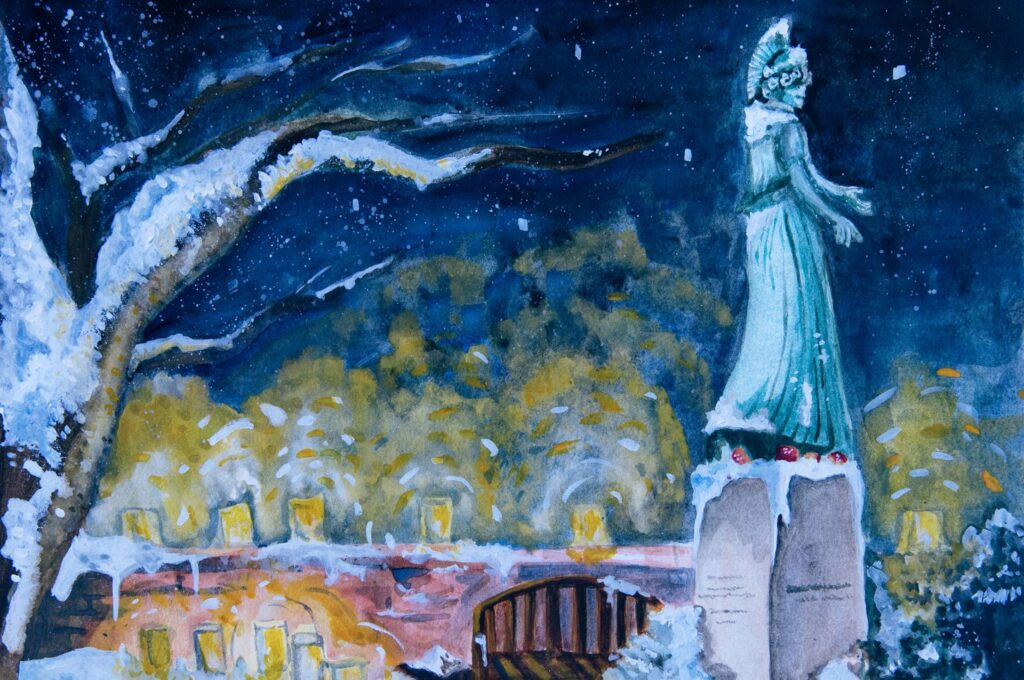 Artistic illustration of showy winter campus scene showing Minerva Statue