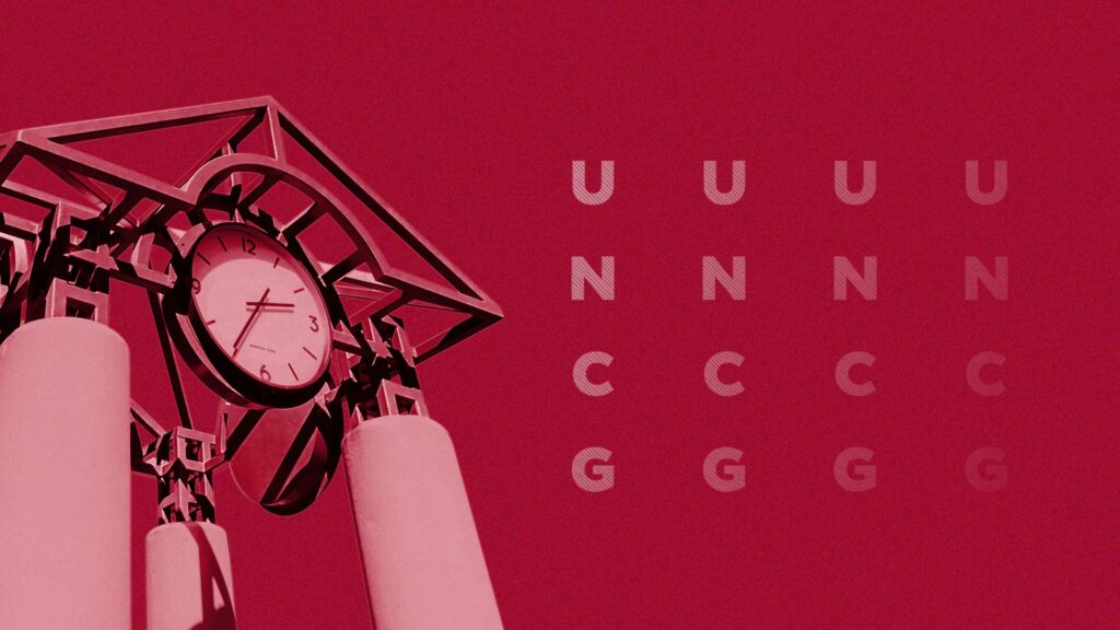 Wallpaper image of UNCG clock Tower on red background with UNCG letters stacked