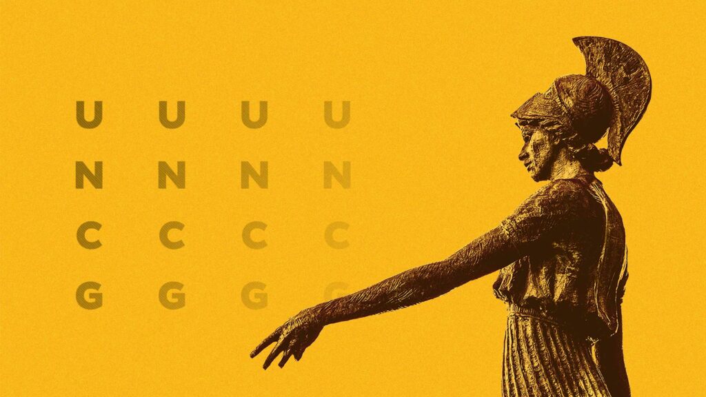 Wallpaper image of Minerva Statue on gold background with UNCG letters